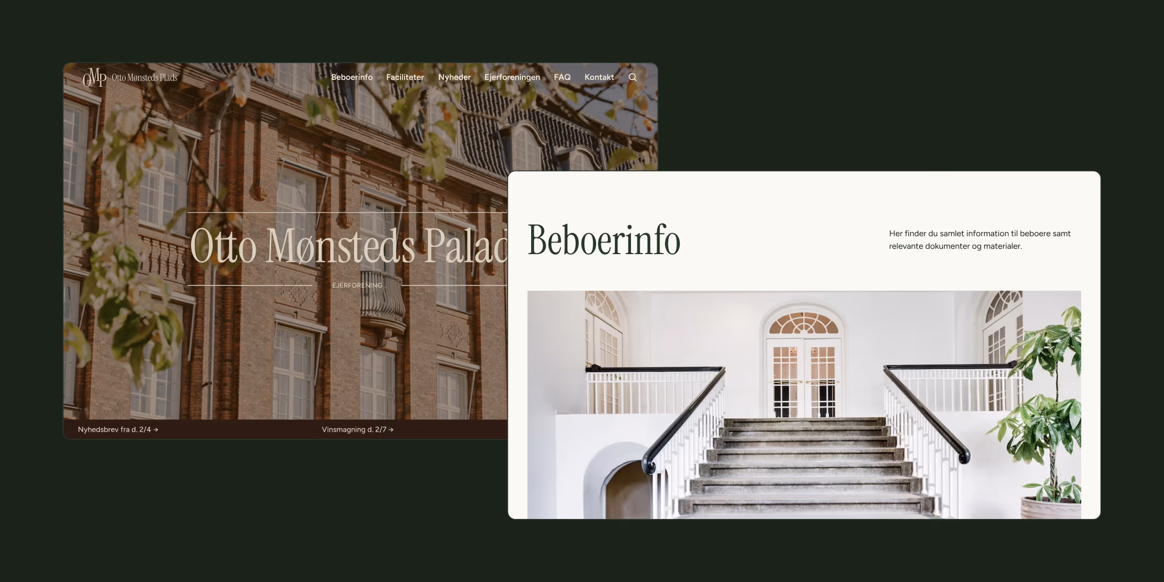Webpage screenshots of Otto Mønsteds Palads featuring an exterior building photo and an interior staircase with plant.