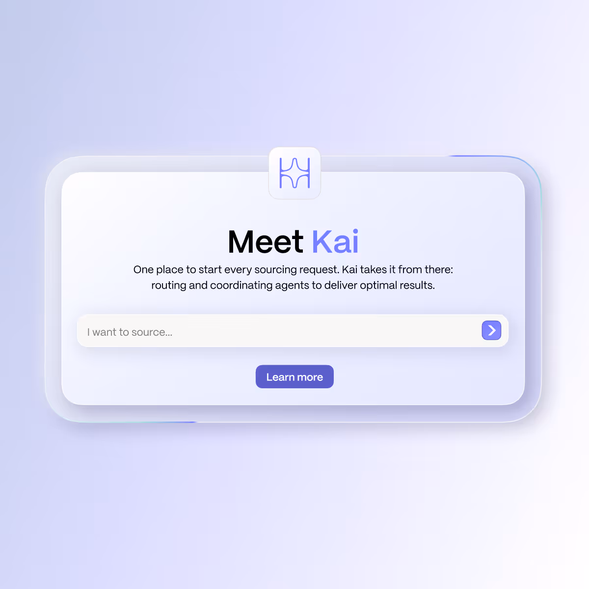 Interface for Kai sourcing tool with input box and Learn more button on a soft purple background.