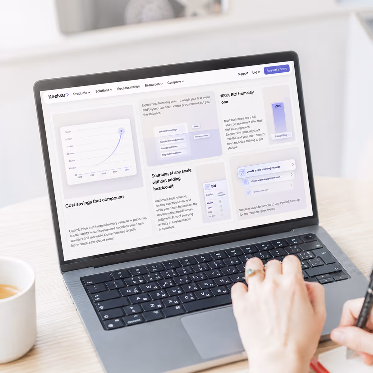 Person's hand typing on laptop keyboard showing a business performance dashboard with analytics charts.