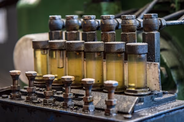 A row of oil bottles sitting on top of a machine
