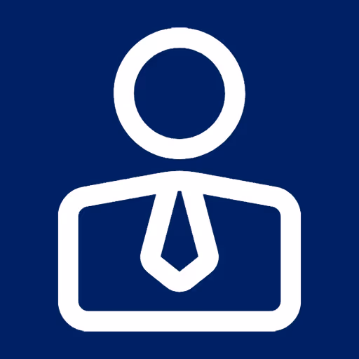 Weißes Icon einer Person mit Krawatte auf dunkelblauem Hintergrund.