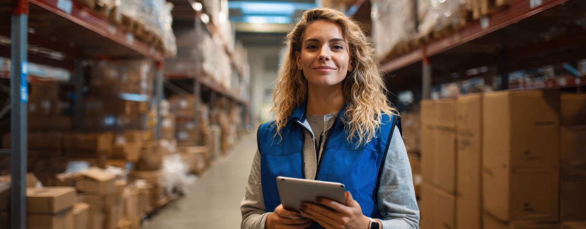 A woman in a blue vest holds a tablet while standing in a warehouse aisle.