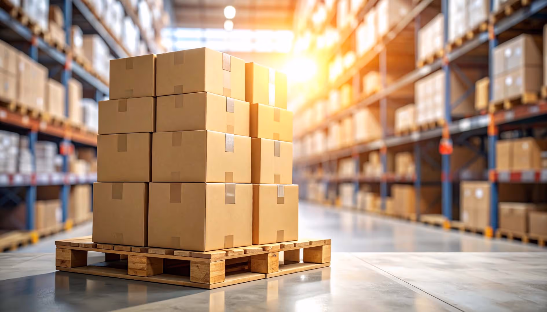 A stack of cardboard boxes on a wooden pallet inside a spacious warehouse with shelves.
