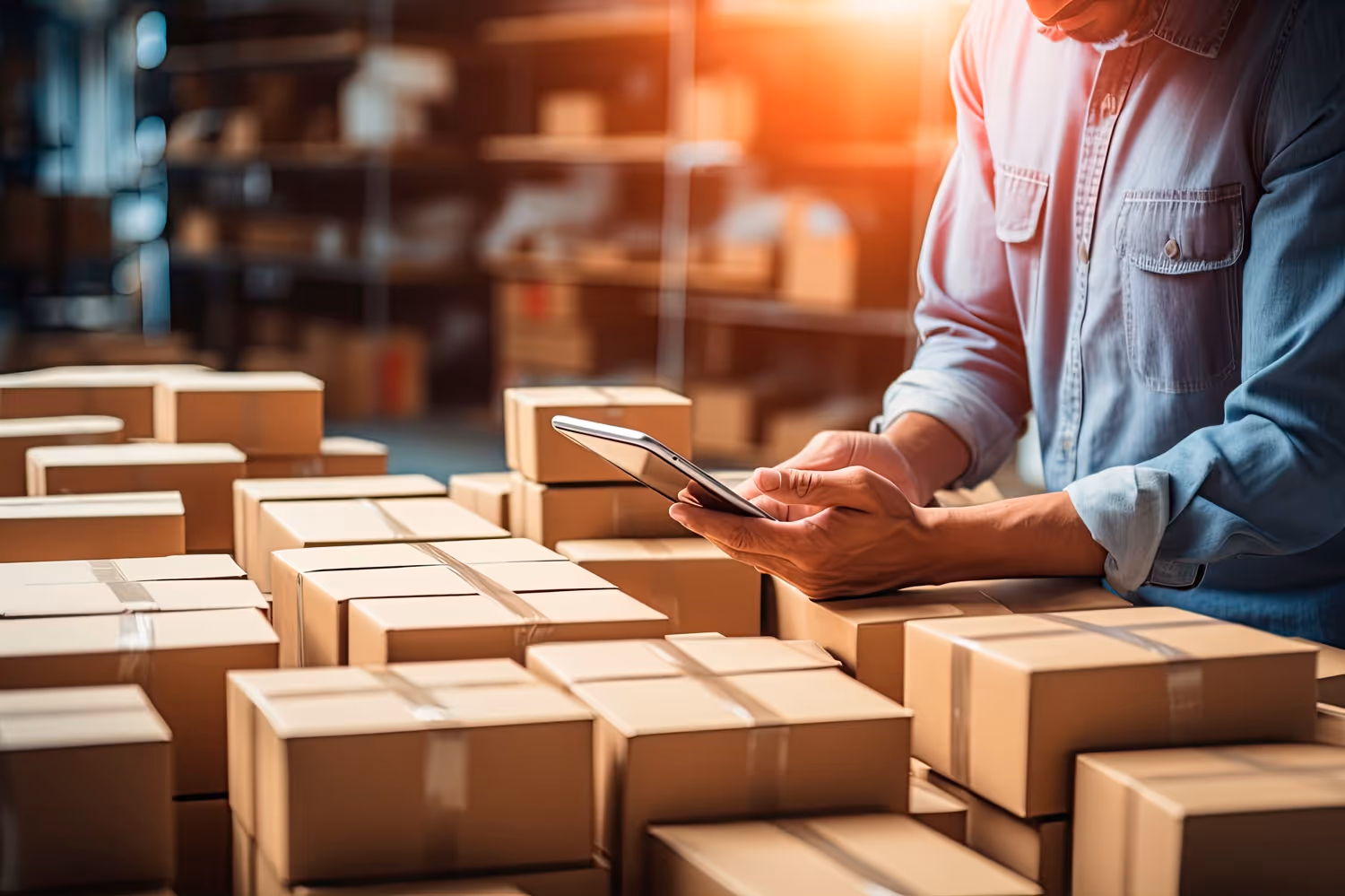 Person using a smartphone to check numerous stacked cardboard boxes in a storage area.