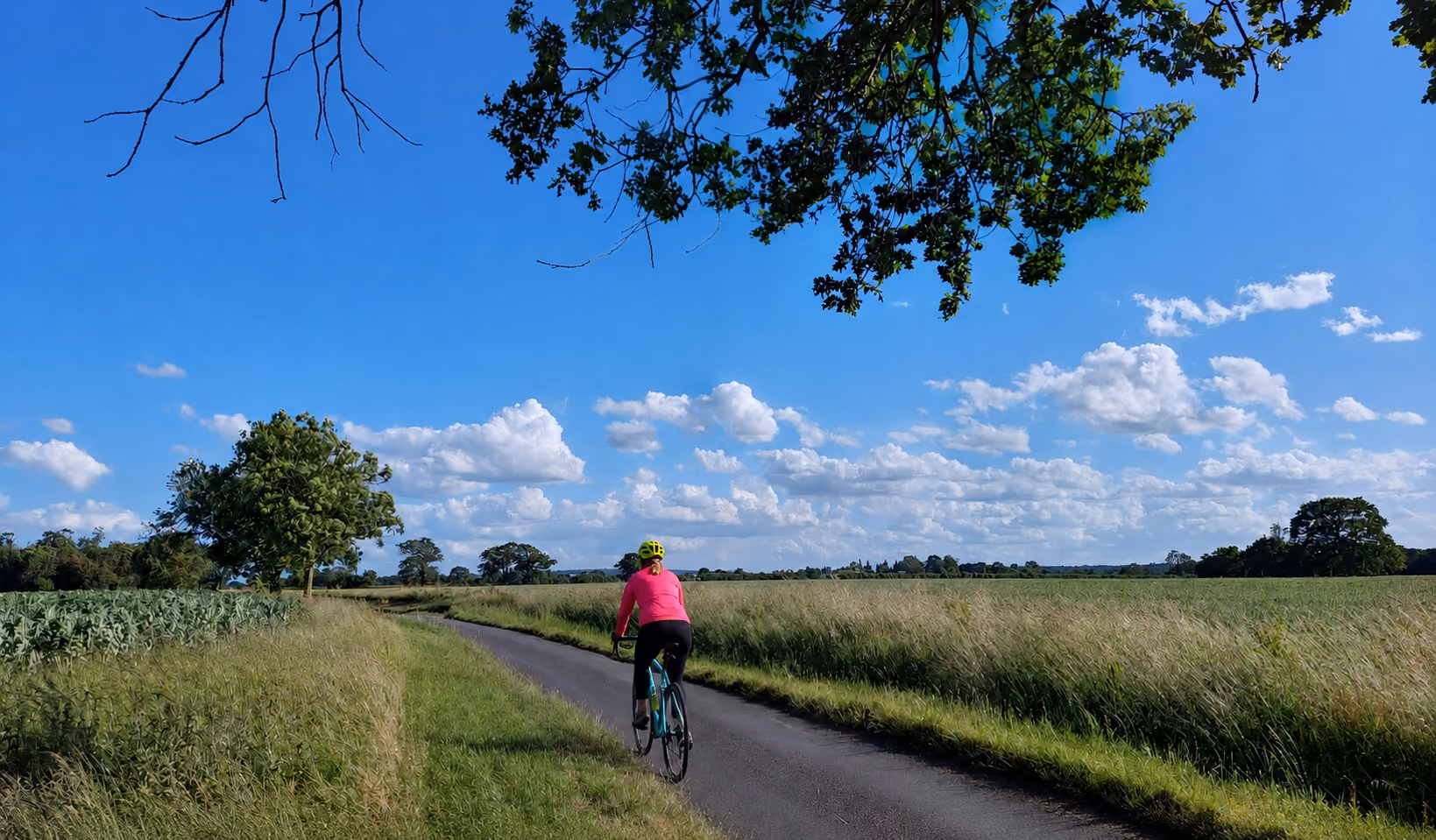 A smiling employee cycles to work at Commodity Centre wearing a high-visibility vest and cycling helmet. She rides through the company entrance past a branded DAF lorry and the Commodity Centre reception sign, highlighting sustainable and active travel to work.