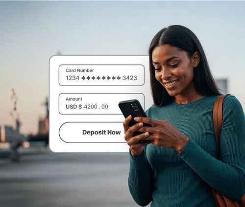 A woman making an online deposit using a card, displayed on a secure payment form