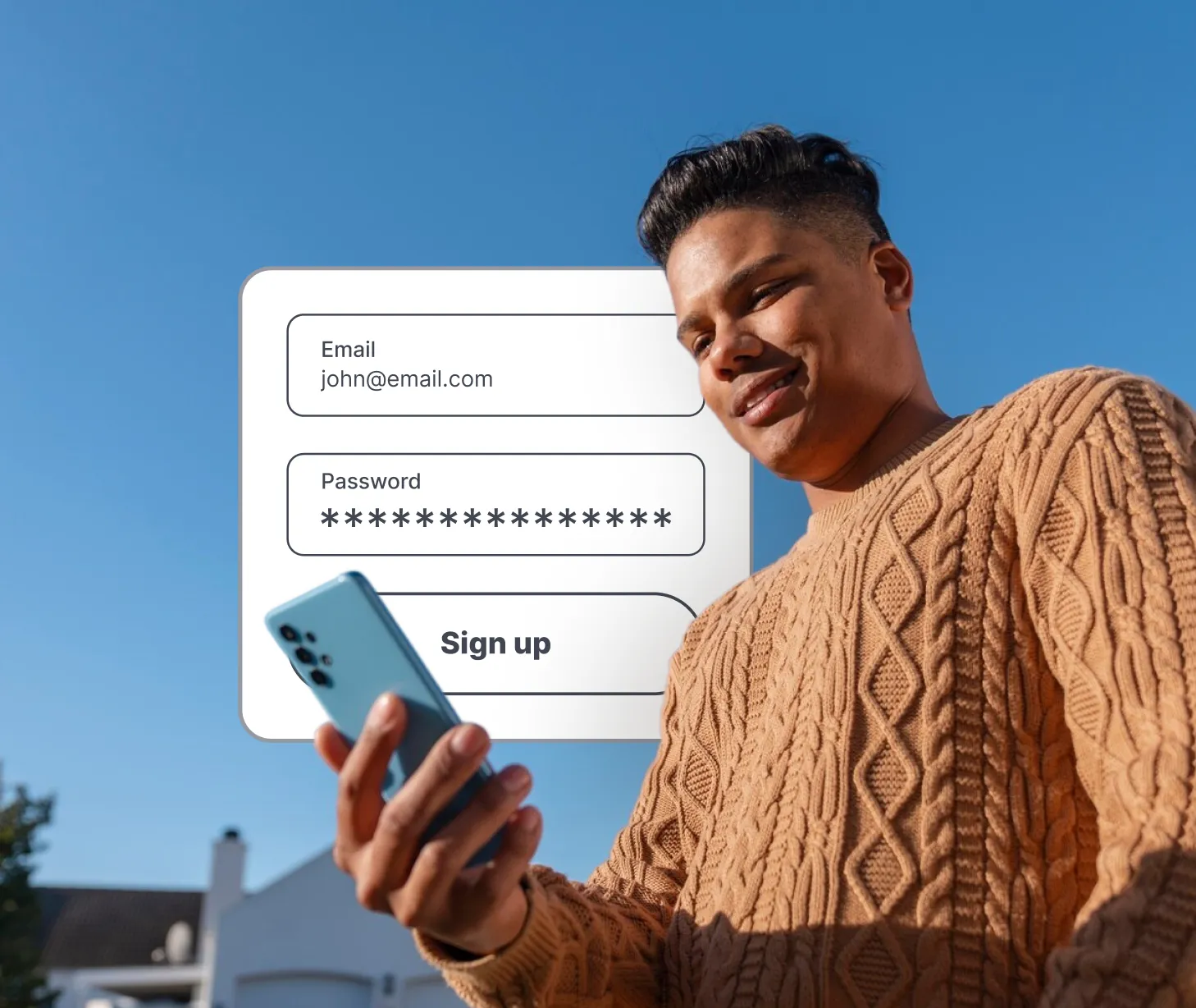 Man signing up for an account on a mobile device, showing a simple email and password input form