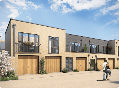 CGI rendering of a long 2 storey building. Garages on the first floor, with large windows on the second.