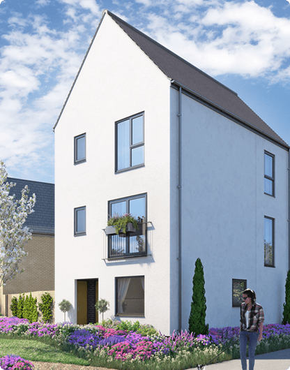 CGI rendering of a detached, white 3 storey, townhouse style home with lavender in the front garden