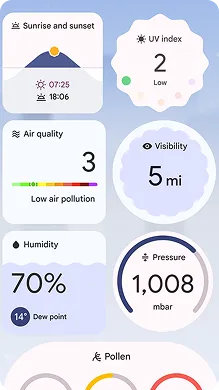 Pixel weather app dashboard screenshot