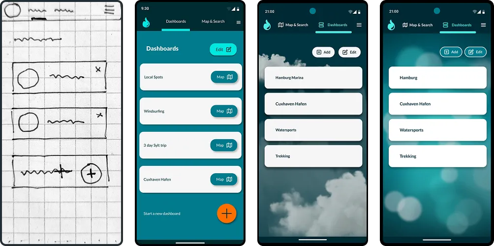 Four-panel image showing the evolution of the Splashboard home screen.