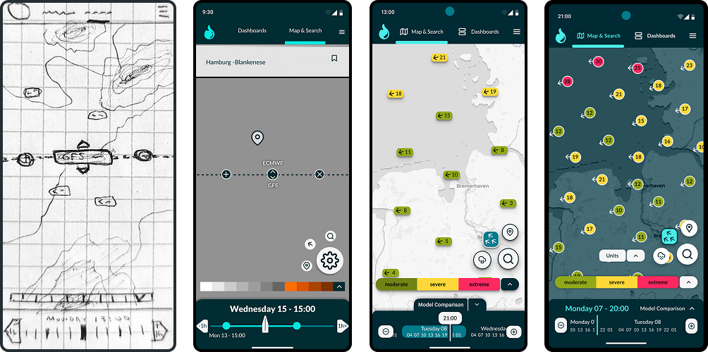 Four-panel image showing the evolution of the Splashboard map interface.