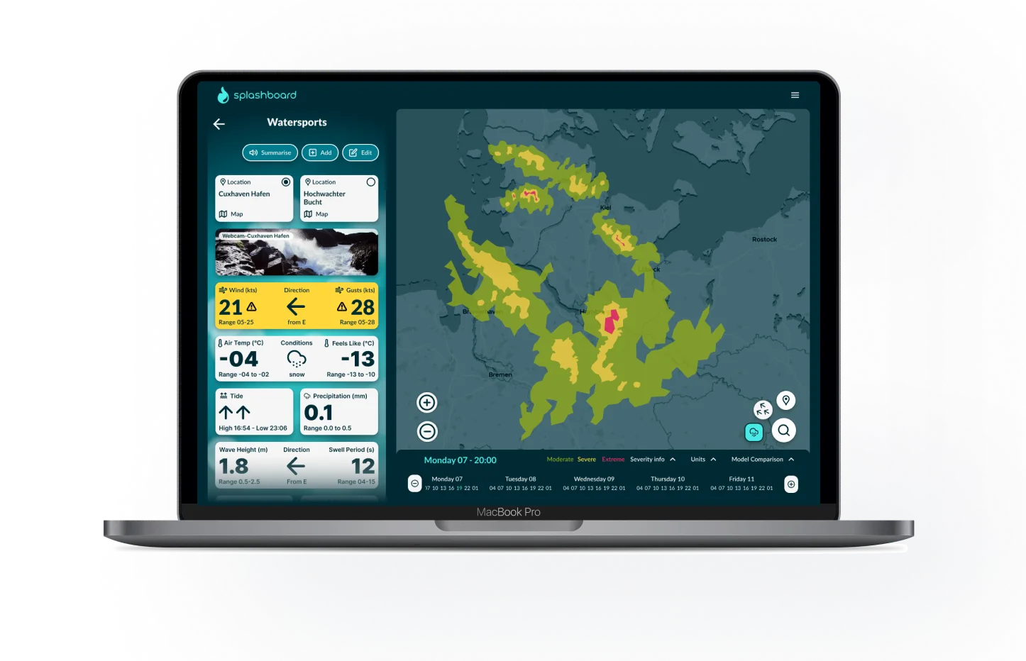 Splashboard weather forecast app displayed on a MacBook Pro and iPhone to show its responsive design.