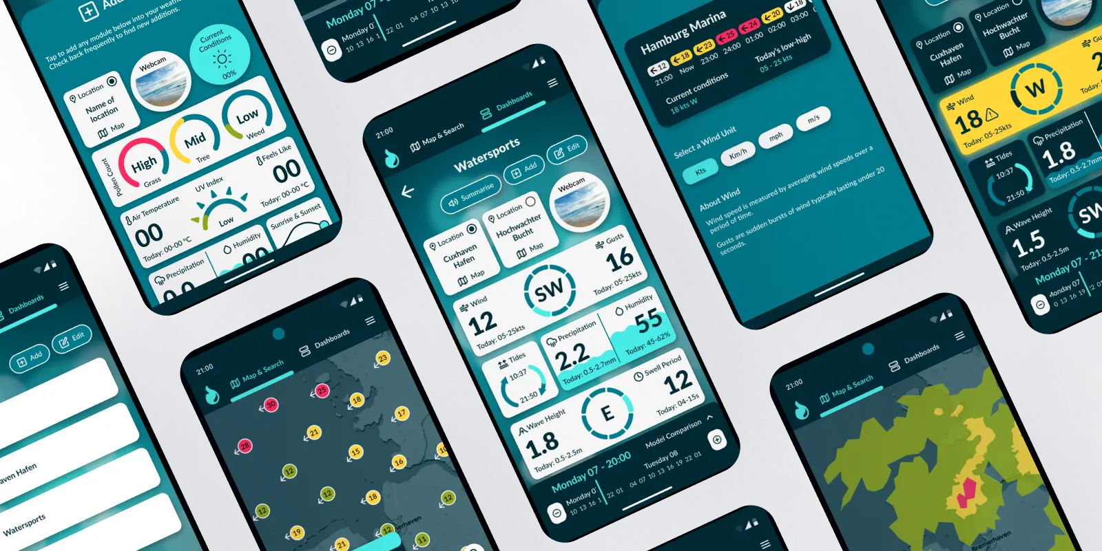 Multiple mobile screens displaying the Splashboard weather app with maps and forecast dashboards in a dark teal interface.
