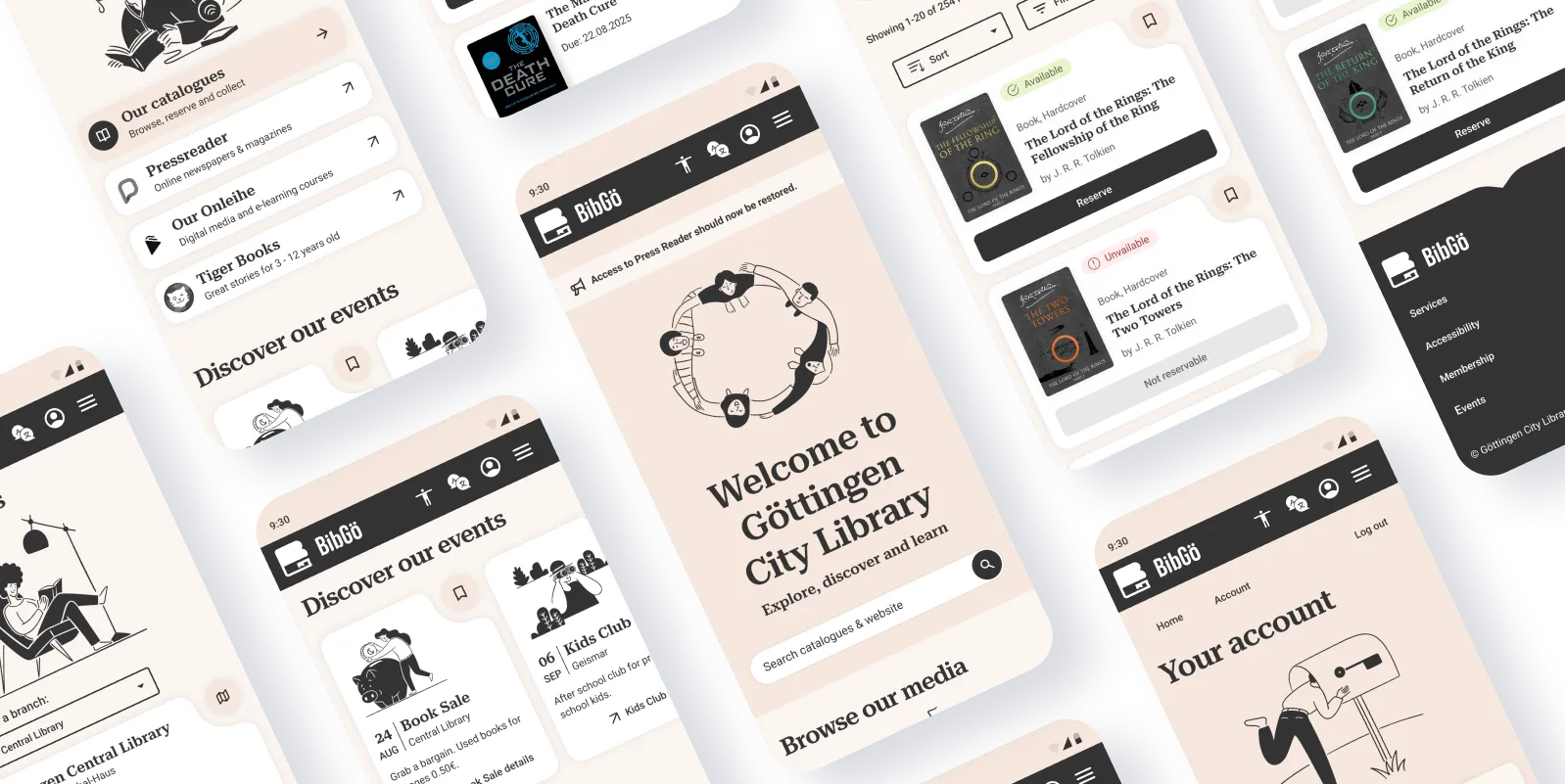 Series of mobile screen mockups showing the BibGö interface like account, search and homepage.