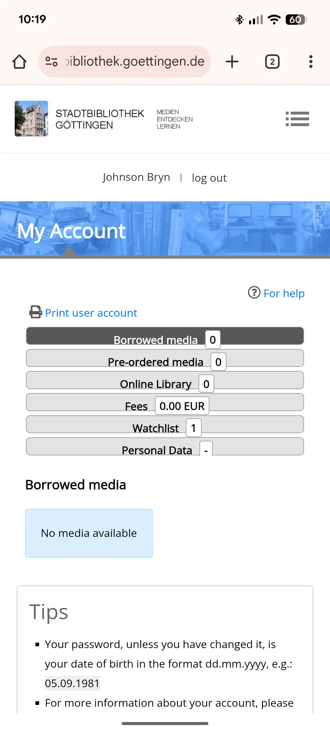 Mobile screenshot of current website's account page.