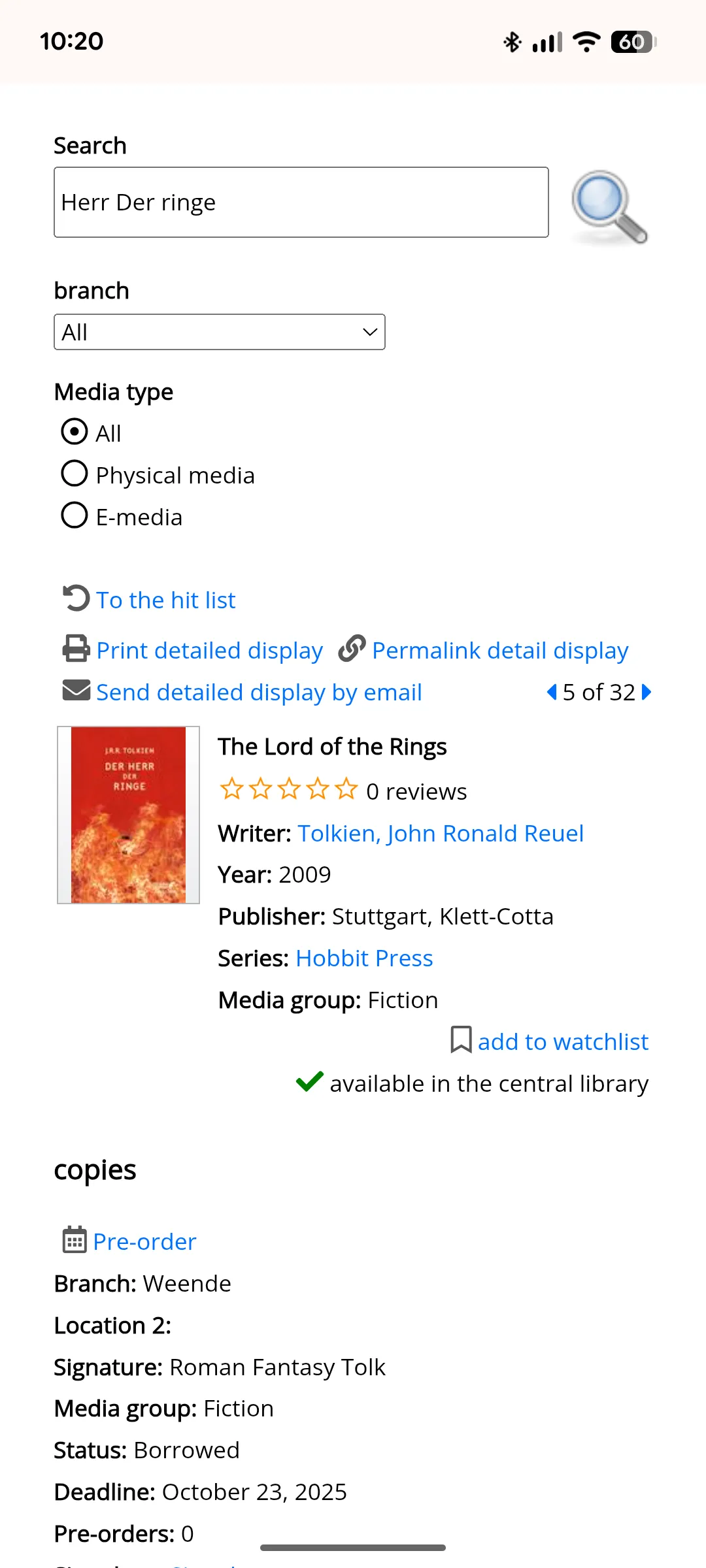 Mobile screenshot of current website's search result for The Lord of the Rings.