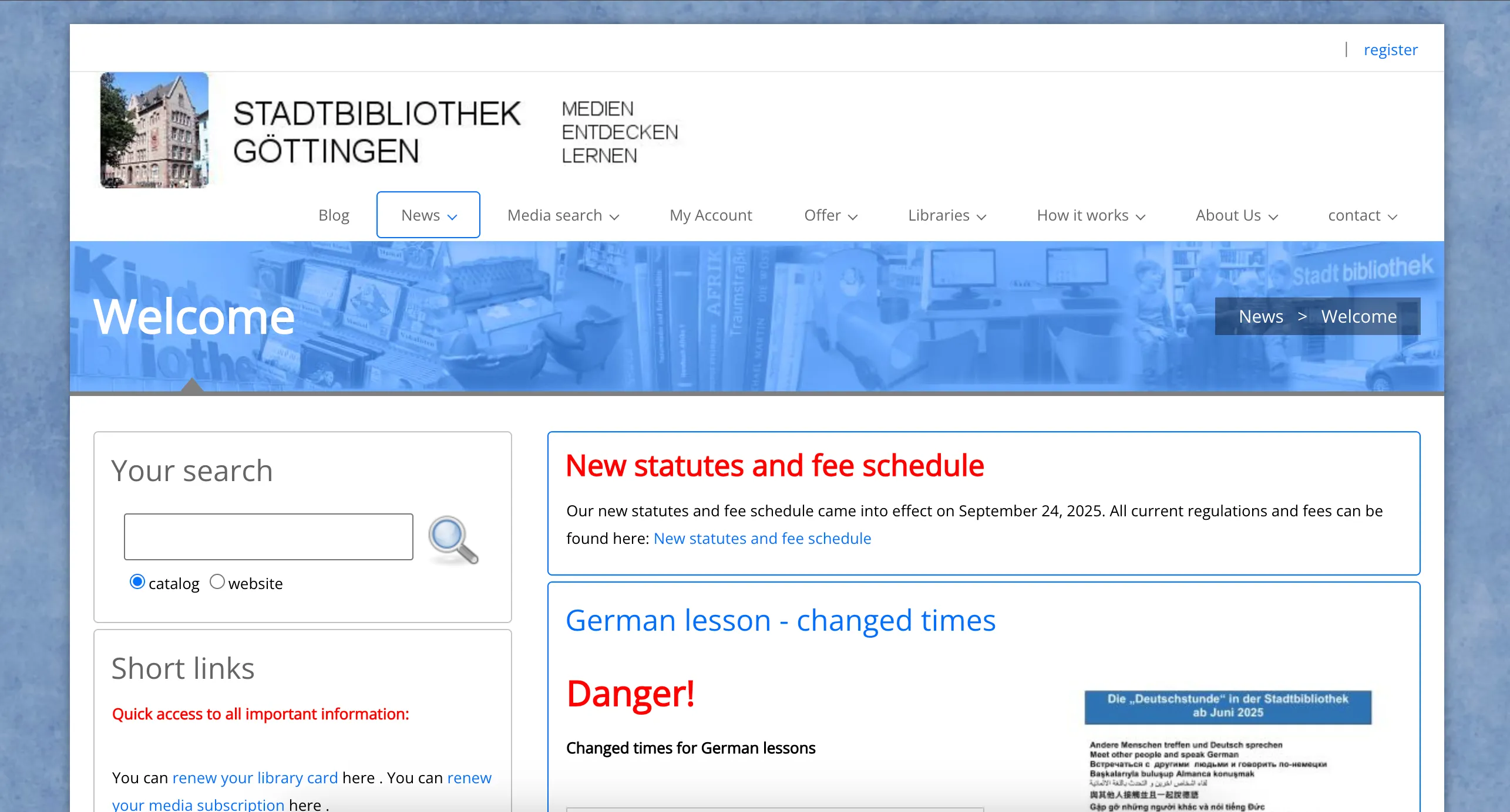 Desktop screenshot of current Göttingen City Library homepage featuring poor UX and UI design.