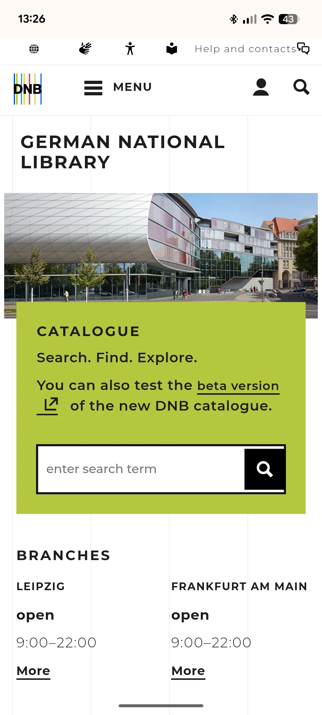 Mobile screenshot of German National Library homepage.