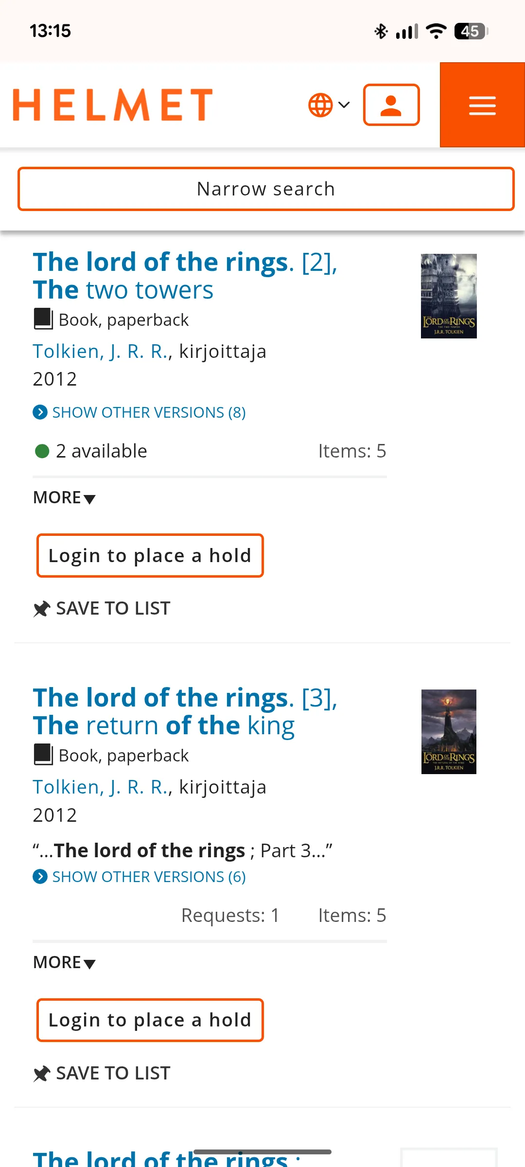 Mobile screenshot of Helmet's search results for Lord of the Rings.