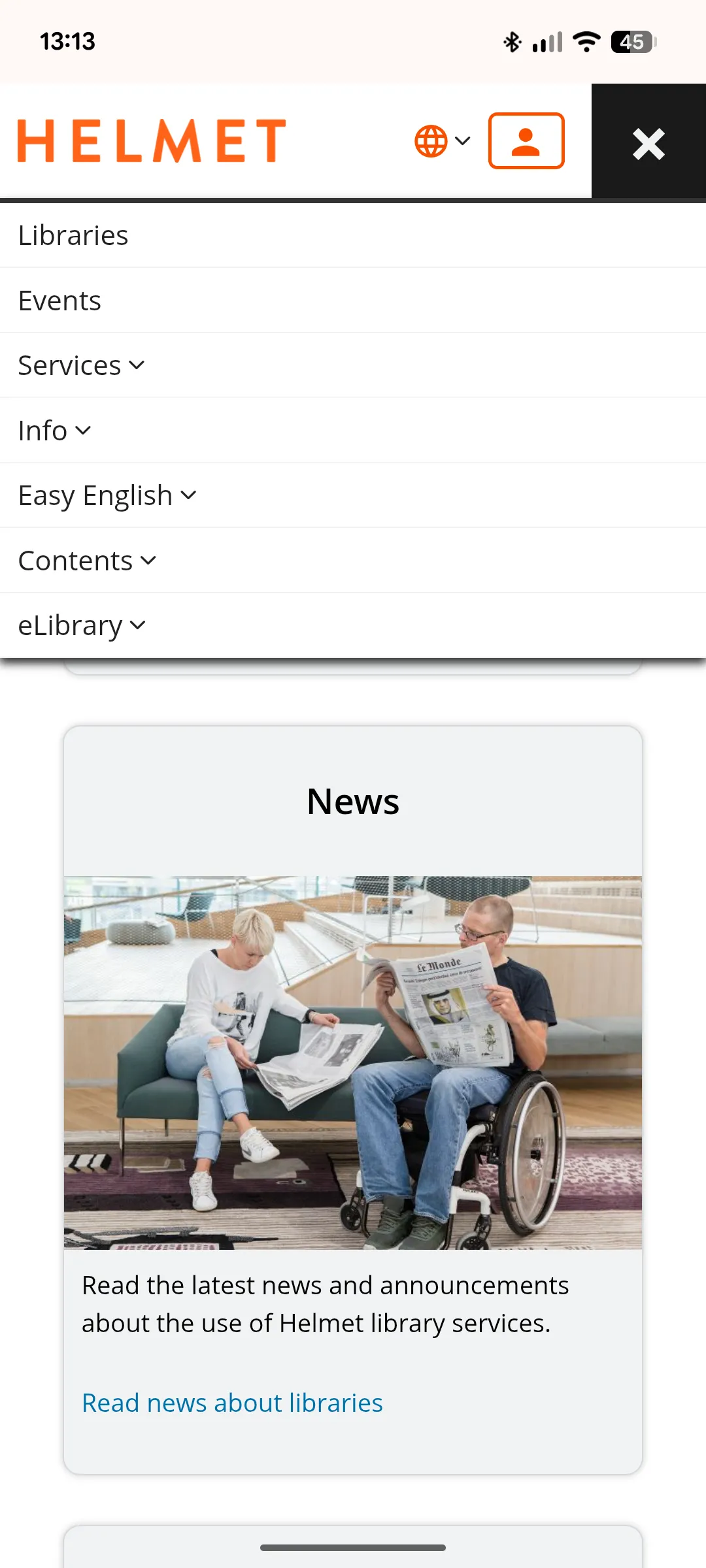 Mobile screenshot of Helmet top bar menu.