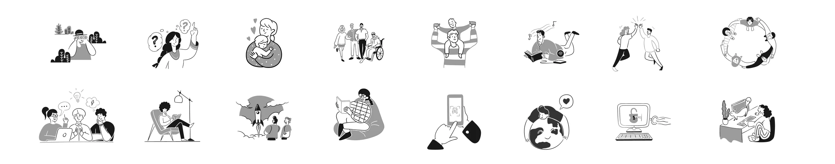 Series of 14 black and white illustrations depicting various human interactions like, asking questions, group of diverse people, child on adult's shoulders and reading a book.
