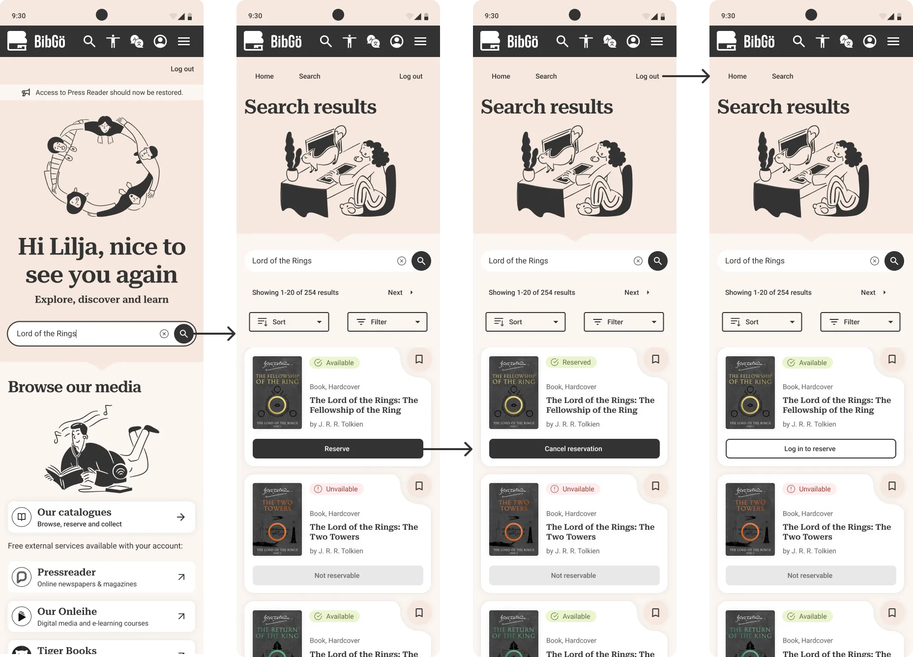 Mobile screens for BibGö search results user flow.