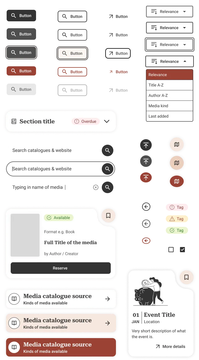 User interface kit showing styled search buttons, sorting dropdown, tags, input fields with search icons etc.
