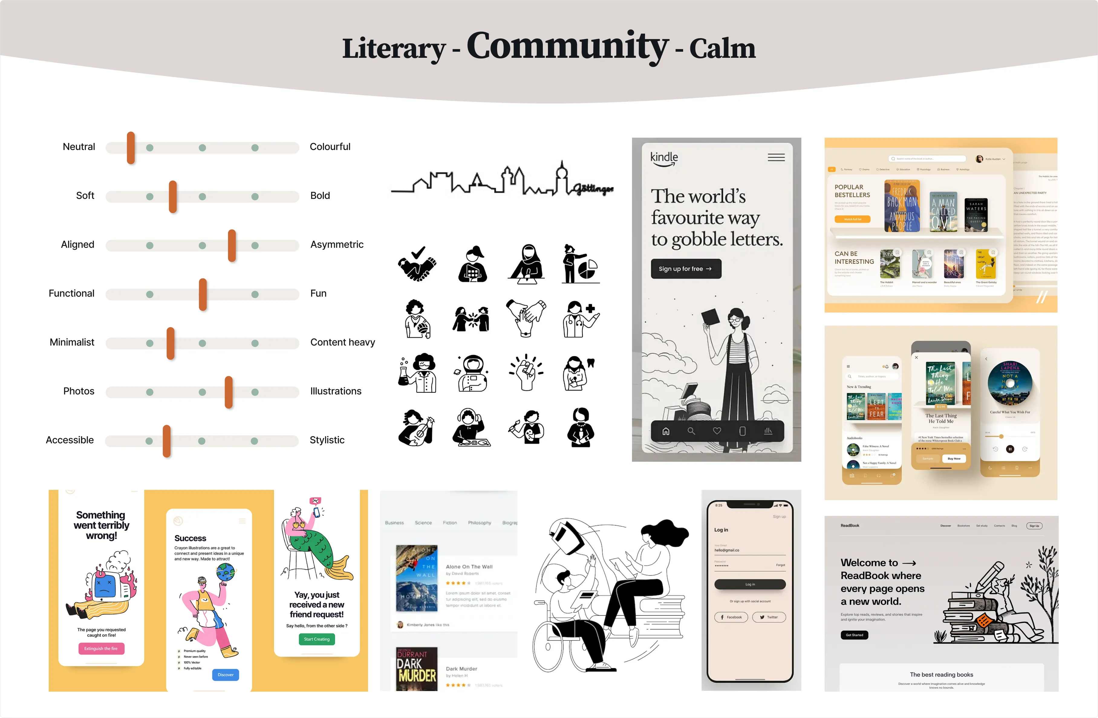 Mood board for a literary, community, and calm design featuring black and white icons, book-related app UI screens, illustrative characters, and a minimalist web page layout.