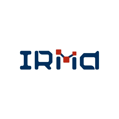 IRMa logo mark with stylised blue text and 3 joined red blocks at the top of the M.