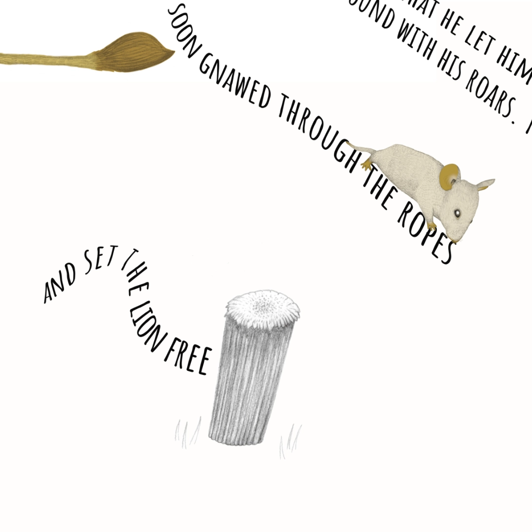 Scene from The Lion and the Mouse showing the mouse biting through the text.