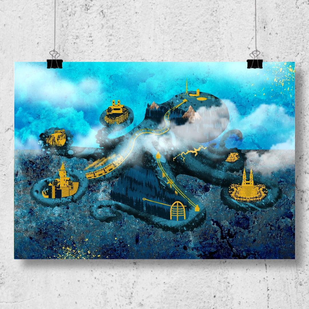 Octopus illustration with Harz Mountains landmarks on its body.