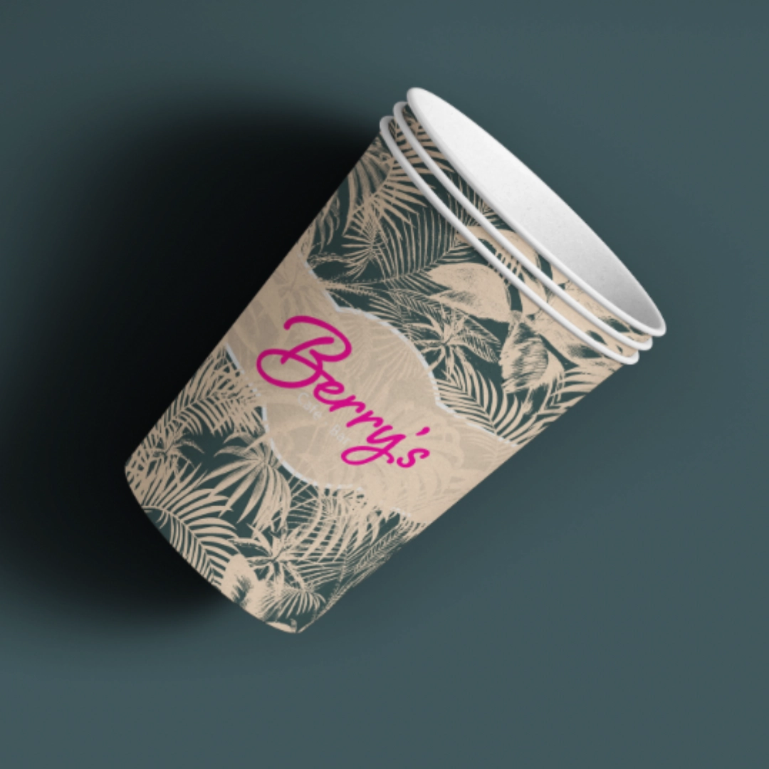 Paper cups with a printed design for Berry's Bar.