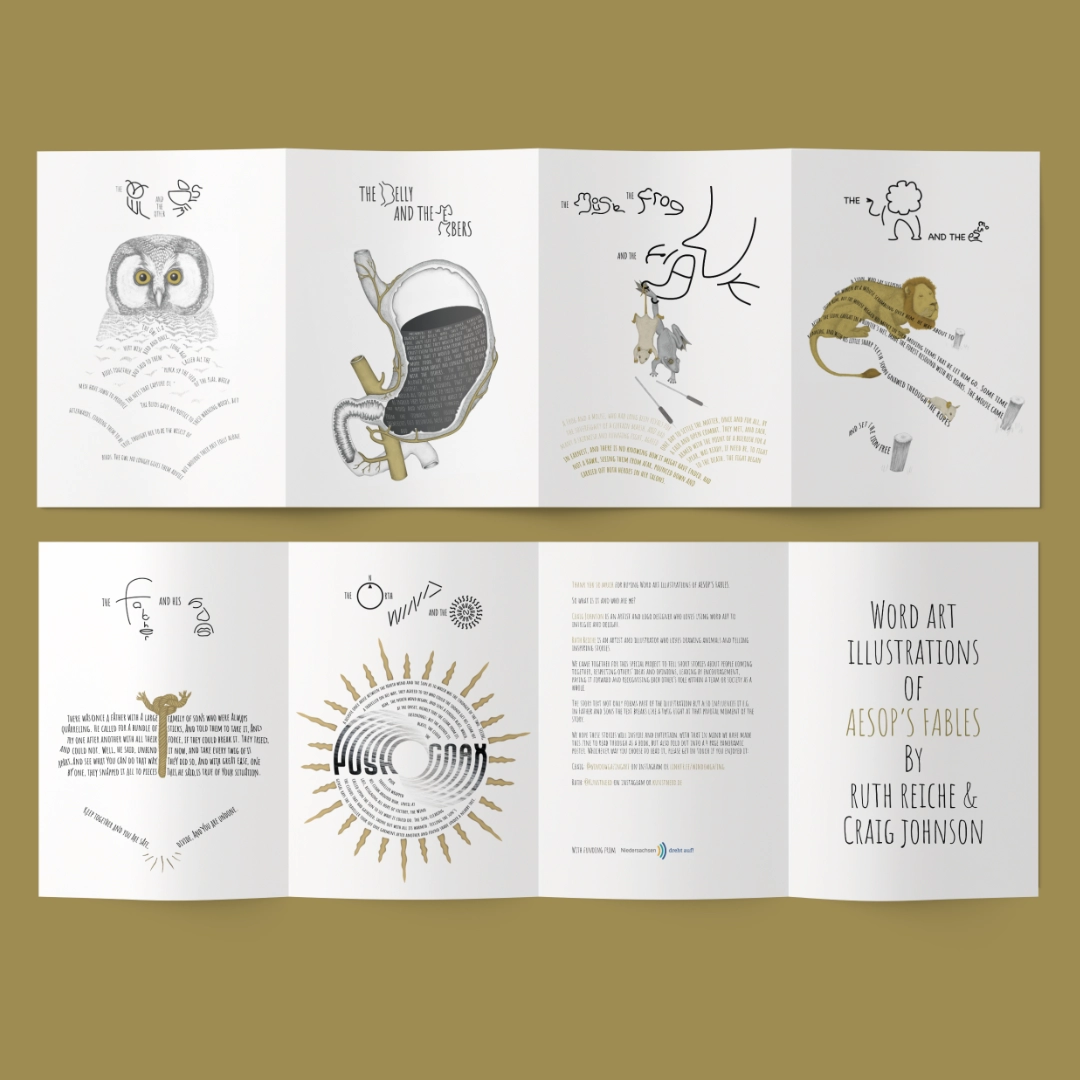 All 8 sides of the Aesops Fables zine spread.