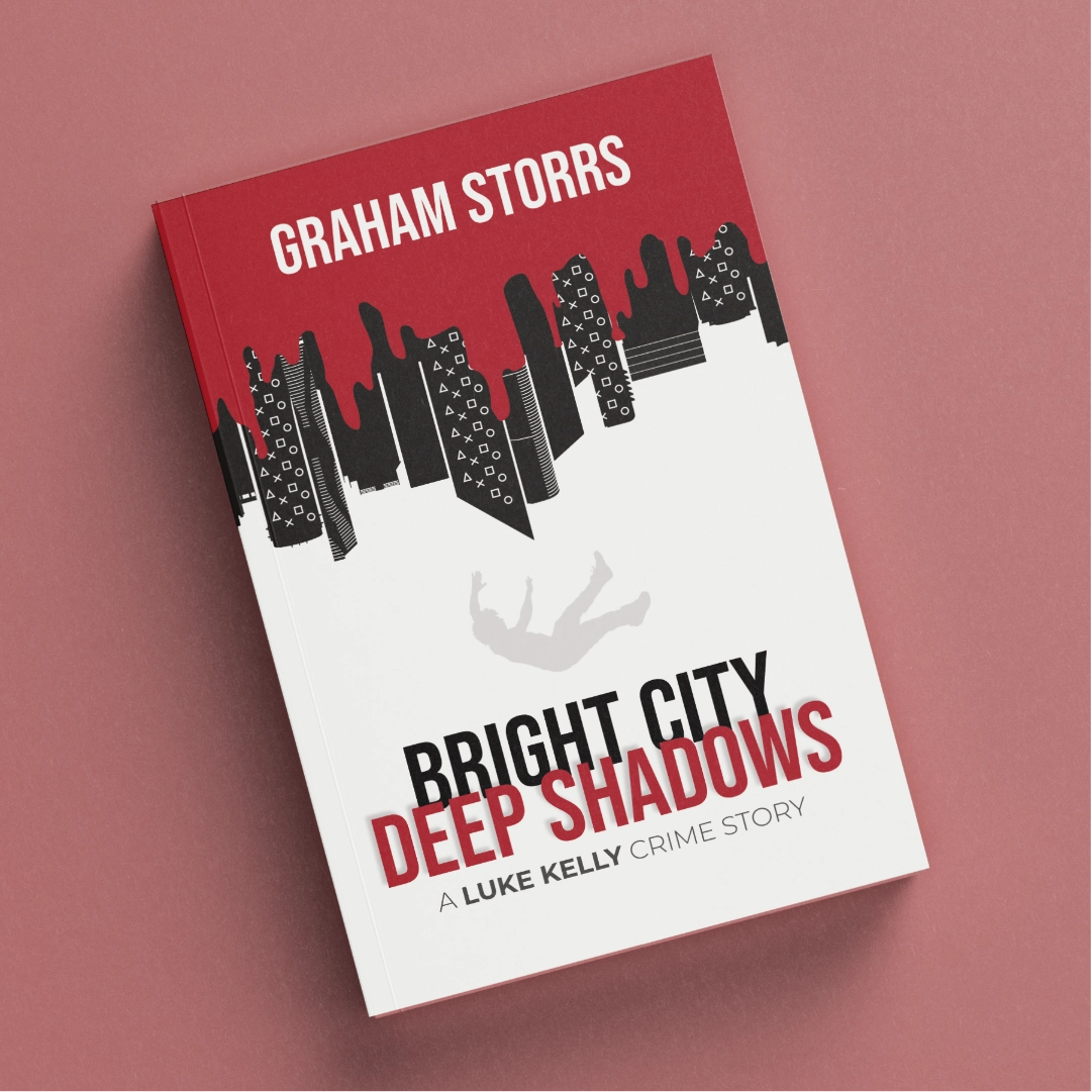 Book cover featuring an upside-down city skyline with a man falling below it.