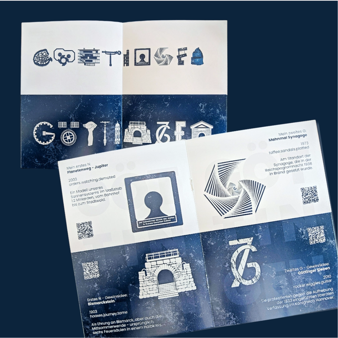 Opened pamphlet displaying creative typographic designs spelling 'Göttingen' with local landmarks.
