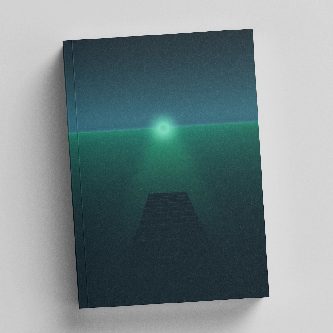 Book cover with a dark gradient sky, a bright glowing orb near the horizon, and a shadowed jetty leading toward it.