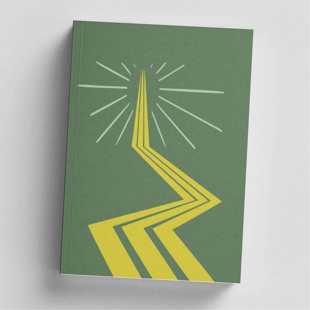 Green book cover with abstract yellow zigzag path leading to light rays at the top.