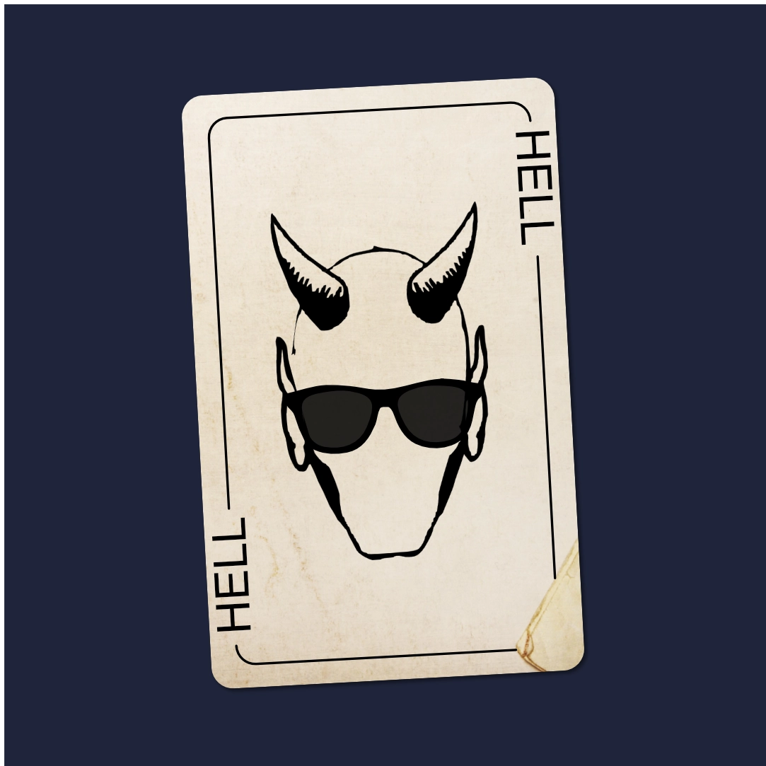Card with a devil head wearing sunglasses, labeled 'HELL' on the sides.