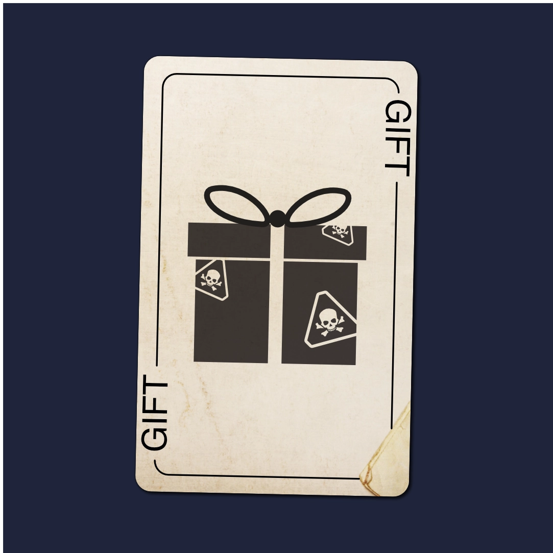 Card labelled GIFT showing a wrapped gift box with skull and crossbones hazard symbols on it.