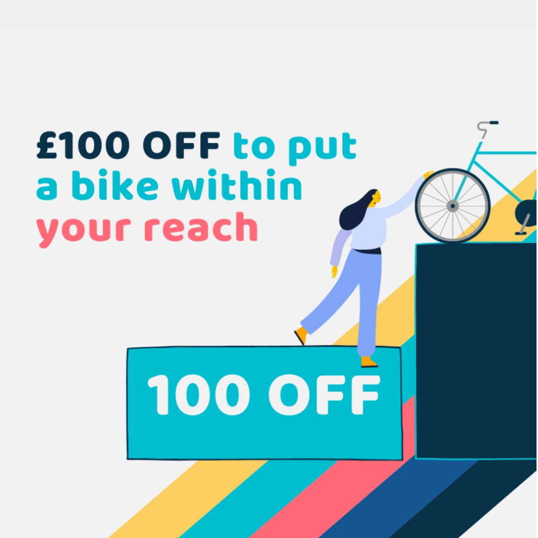 Illustration of a woman reaching for a bike on a platform with text offering £100 off to put a bike within your reach.