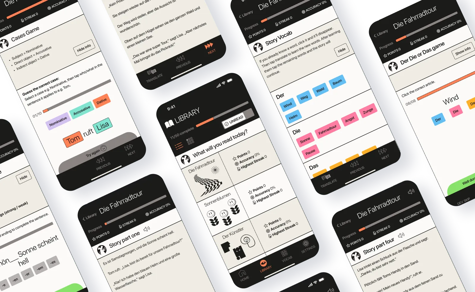 Mobile app screens showing interactive language learning exercises with vocabulary, grammar, and story parts in German.