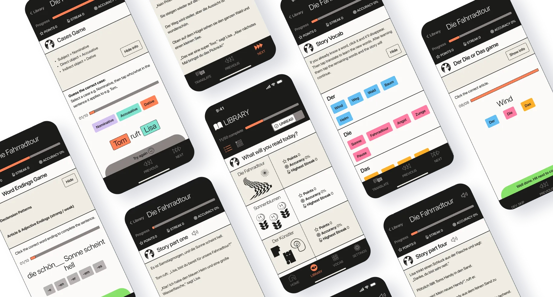 Mobile app screens showing interactive language learning exercises with vocabulary, grammar, and story parts in German.