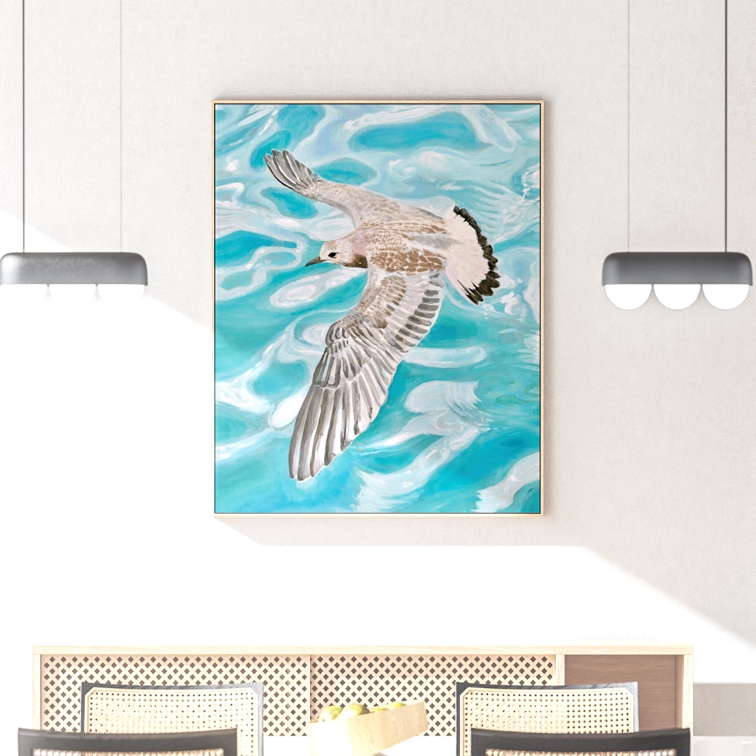 Finished 'Gull' painting featuring a gull in flight over water