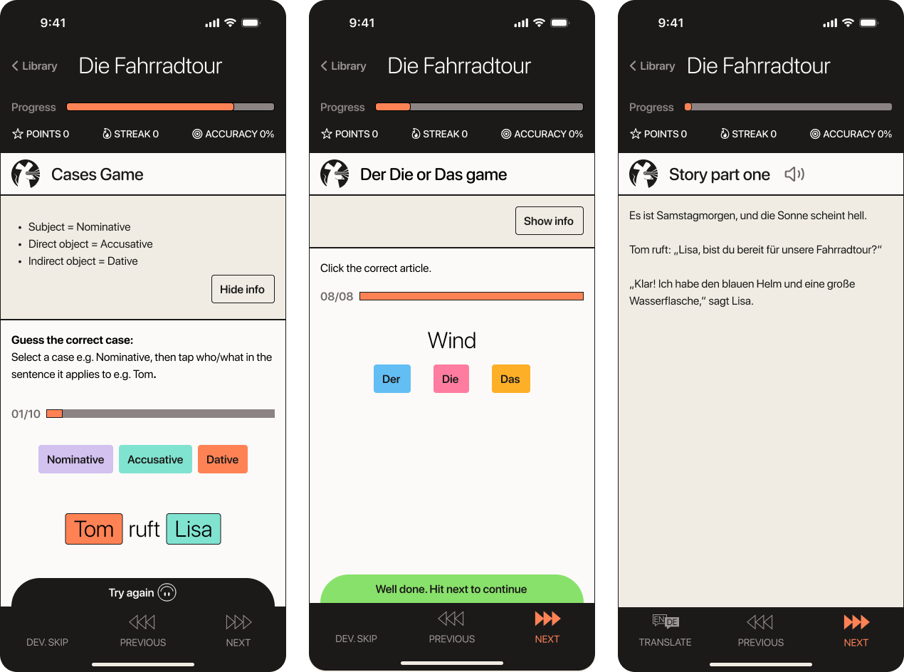 3 different high fidelity screens showing version 3 of Laserrat.