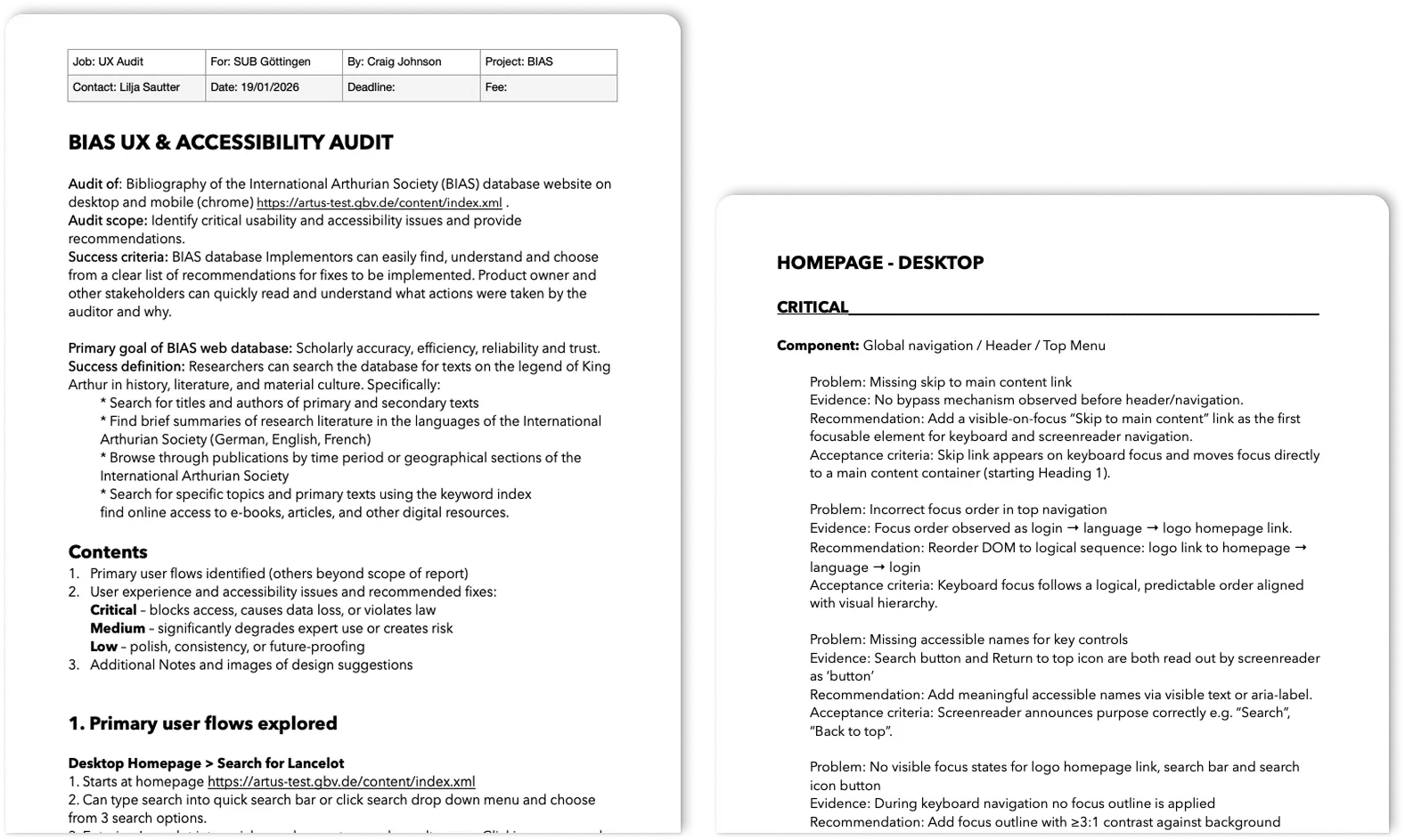 Two pages from the audit report to demonstrate its key content like user flows and accessibility issues and recommendations.
