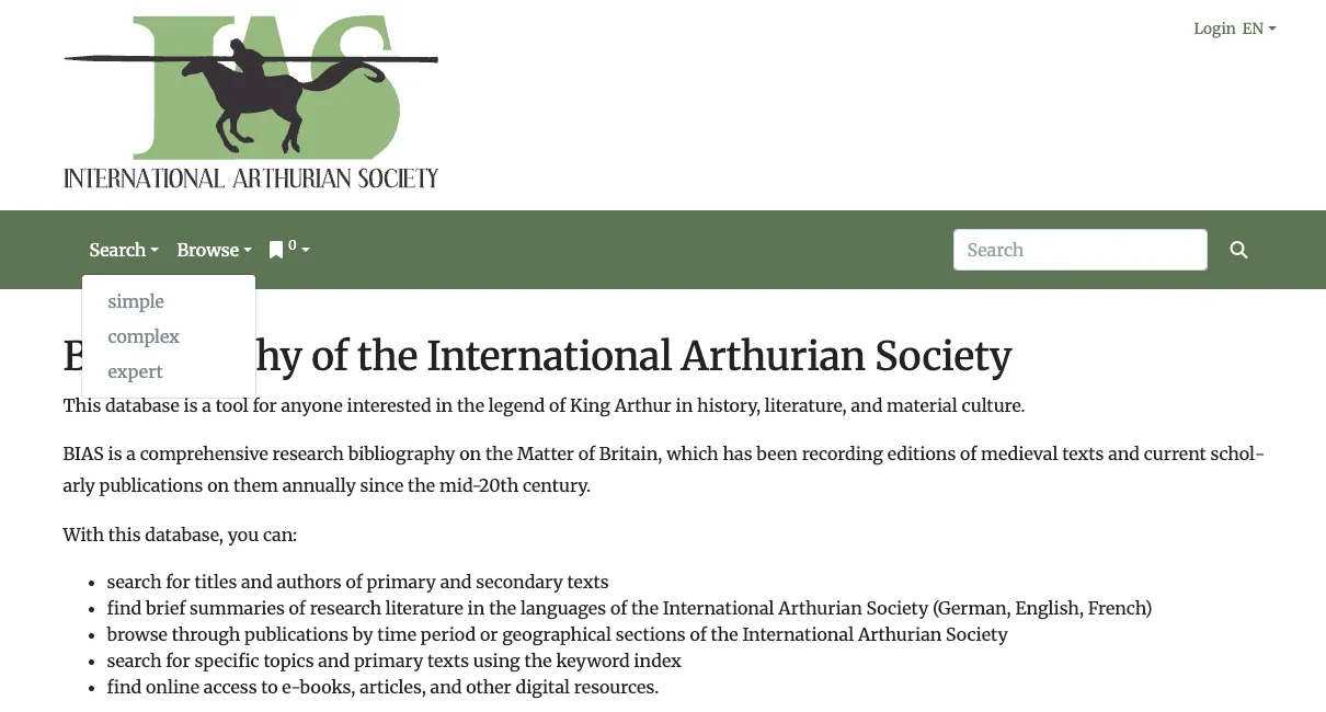 Screenshot from BIAS hompepage showing the three options when clicking the search menu button to demonstrate poor UX choices.