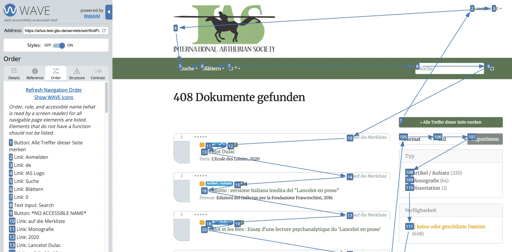 Screenshot of BIAS search results page showing confusing reading order with a scrennreader.