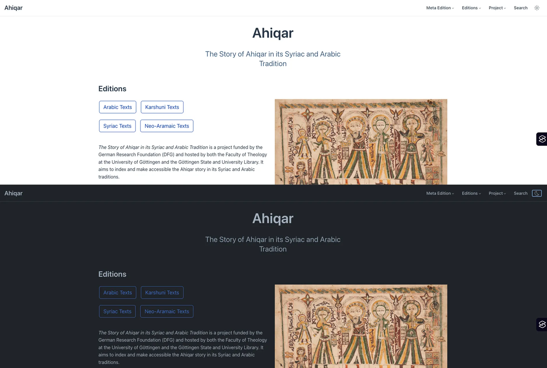 Homepage of the TIDO showcase 'Ahiqar' showing a split view of light and dark mode to highlight word and button contrast issues.
