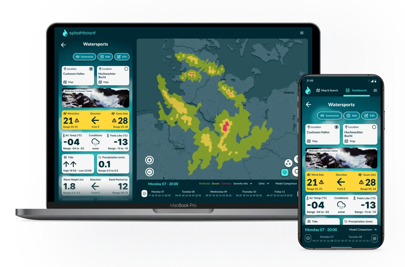 Desktop and mobile views of a weather dashboard from the Splashboard web app. The desktop breakpoint shows a map beside the dashboard. 